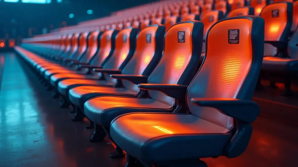 Reihe beheizter SmartSeats Tribünensitze mit QR-Code an der Rückenlehne